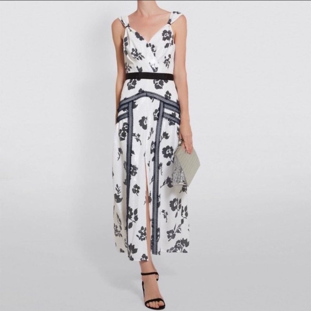 Self Portrait Black and White Sequined Floral Print Midi Dress, Size 2, NWT